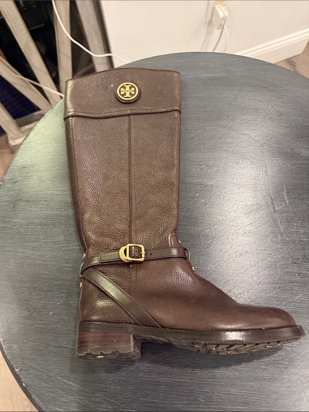 Tory Burch Brown Leather Riding Boots with Gold Logo